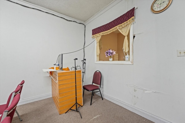 living area featuring carpet floors, ornamental molding, and a textured ceiling