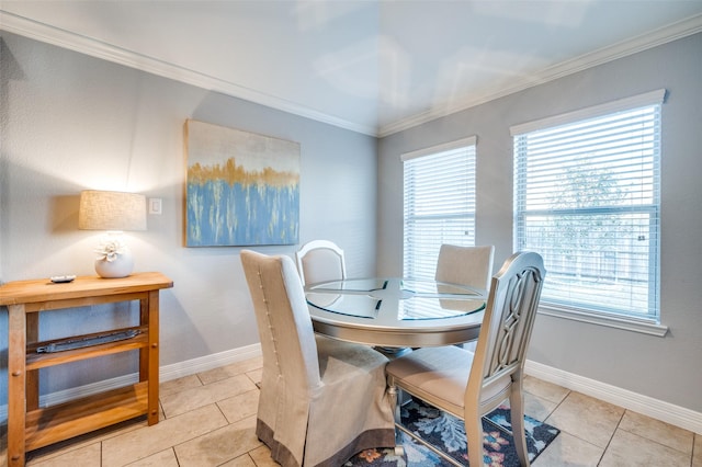 tiled dining space with crown molding