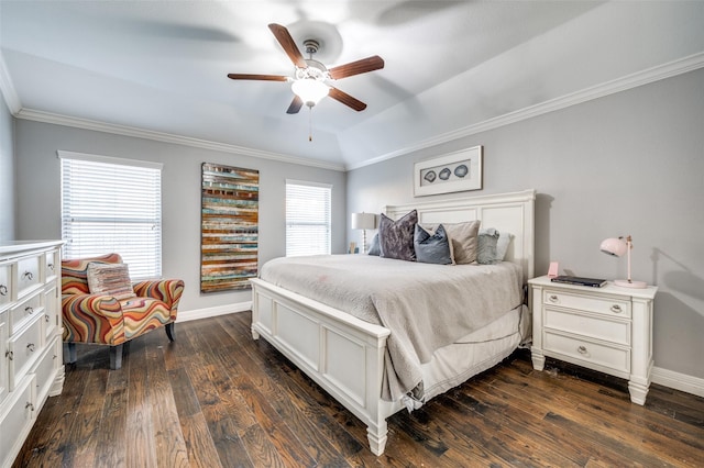 bedroom featuring dark hardwood / wood-style flooring, crown molding, lofted ceiling, and ceiling fan