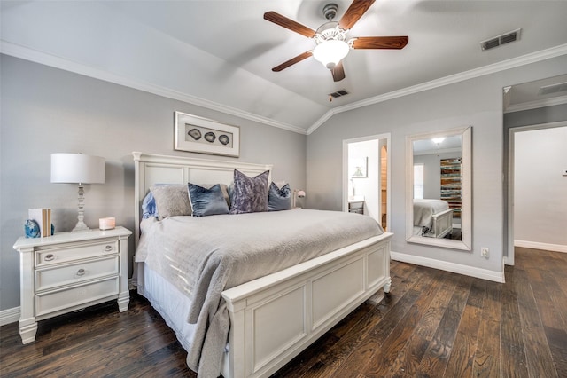 bedroom featuring ornamental molding, lofted ceiling, dark hardwood / wood-style floors, and ceiling fan