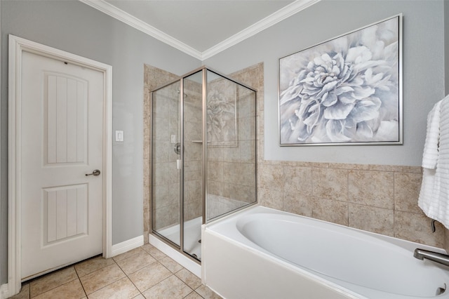 bathroom featuring tile patterned flooring, crown molding, and plus walk in shower