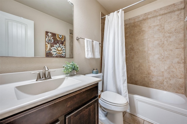 full bathroom featuring tile patterned flooring, vanity, toilet, and shower / tub combo with curtain