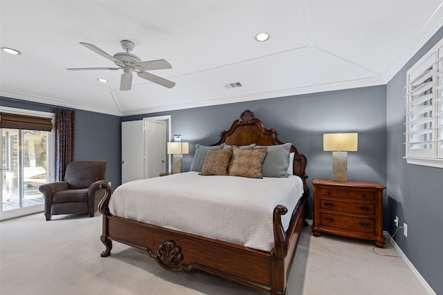 bedroom featuring light carpet, vaulted ceiling, ornamental molding, and access to outside