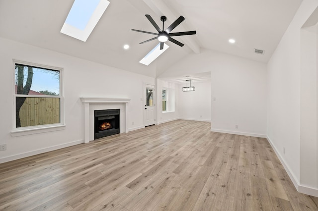 unfurnished living room with beam ceiling, ceiling fan, high vaulted ceiling, and light wood-type flooring