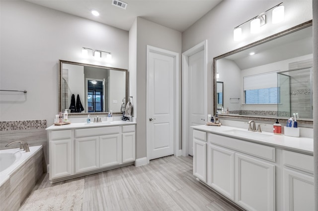 bathroom featuring vanity and separate shower and tub