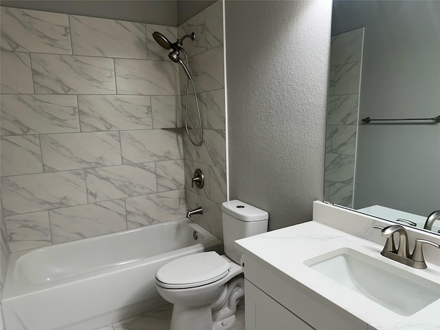 full bath featuring a textured wall, toilet, bathing tub / shower combination, marble finish floor, and vanity