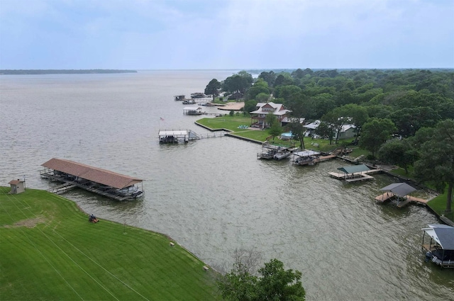 bird's eye view with a water view