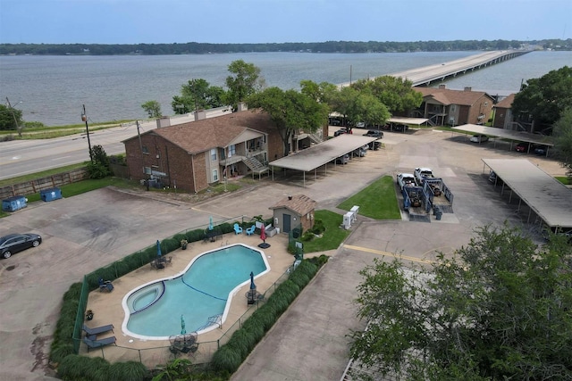 drone / aerial view with a water view