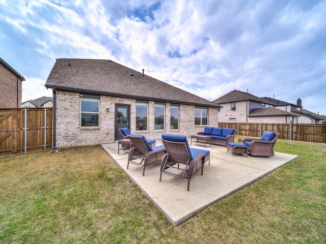 3124 Creek Meadow Dr, Anna, TX 75409 - back of house featuring a lawn, a fenced backyard, a patio area, an outdoor living space, and brick siding