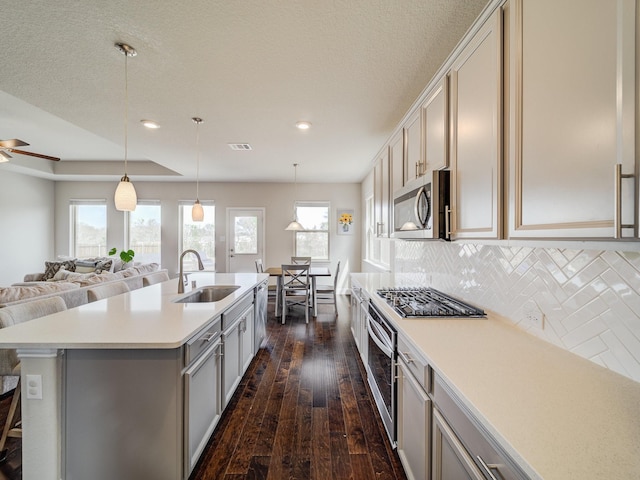 3124 Creek Meadow Dr, Anna, TX 75409 - kitchen with dark wood-style floors, visible vents, appliances with stainless steel finishes, open floor plan, and a sink