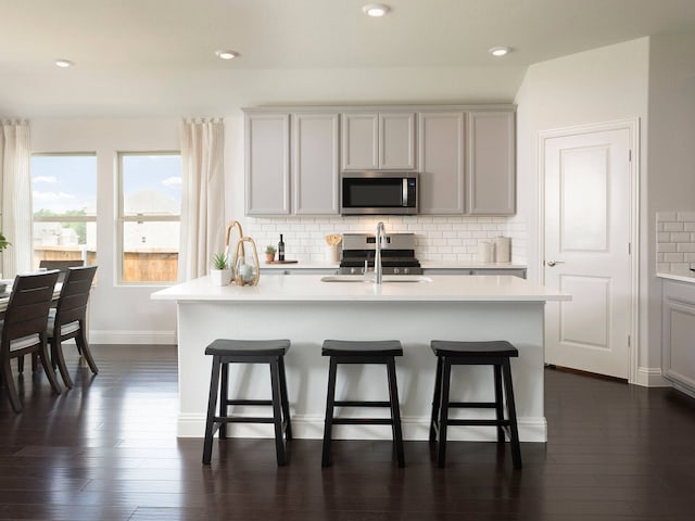 kitchen featuring stainless steel appliances, a center island with sink, and backsplash