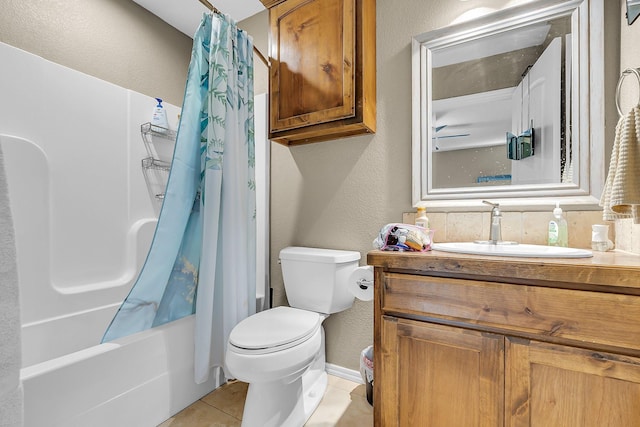 full bathroom with vanity, tile patterned floors, shower / bath combination with curtain, and toilet