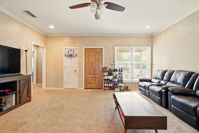 living area with crown molding, ceiling fan, light colored carpet, baseboards, and recessed lighting