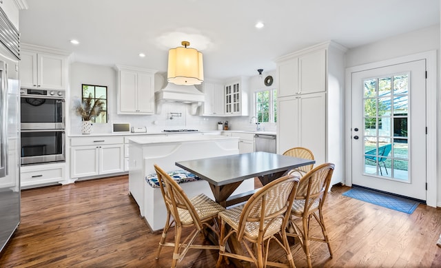 kitchen featuring white cabinetry, custom exhaust hood, stainless steel appliances, and plenty of natural light