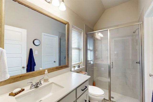 bathroom with vanity, an enclosed shower, and lofted ceiling