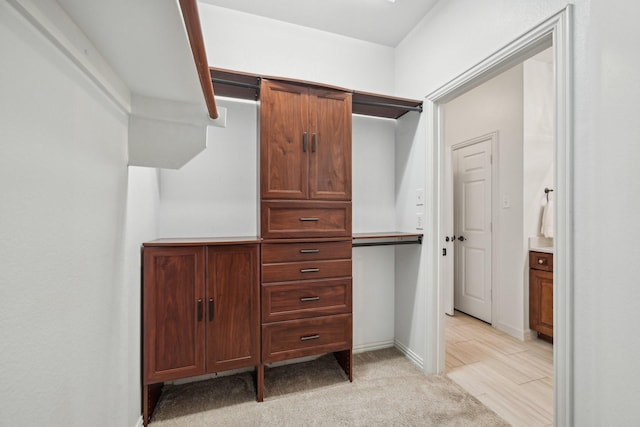 spacious closet featuring light carpet