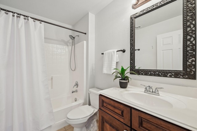 bathroom with shower / tub combo, visible vents, vanity, and toilet