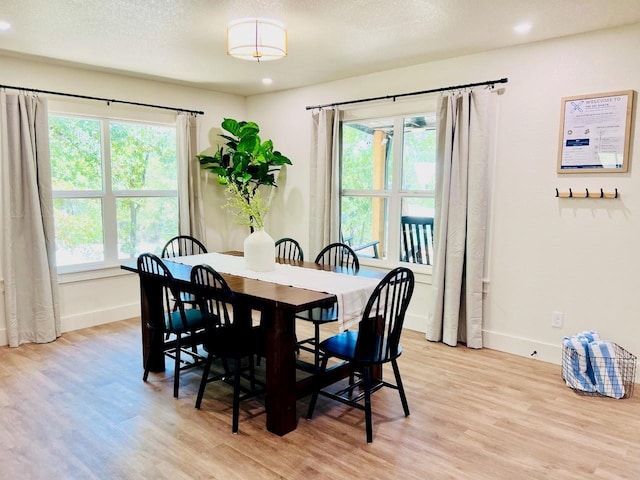 dining space with a textured ceiling and light hardwood / wood-style floors