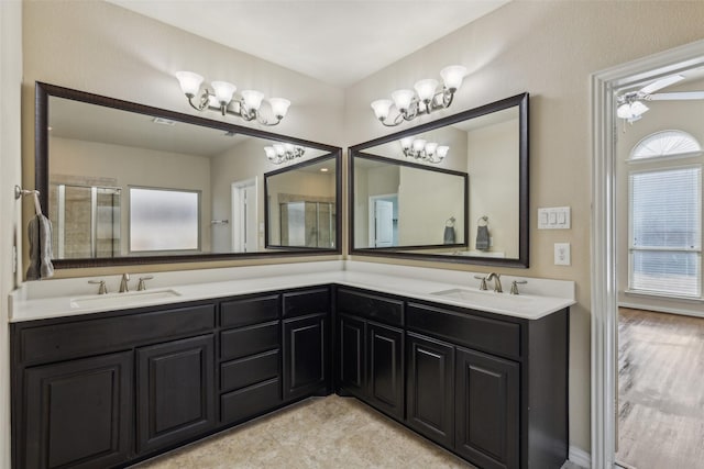 bathroom with vanity and a shower with shower door