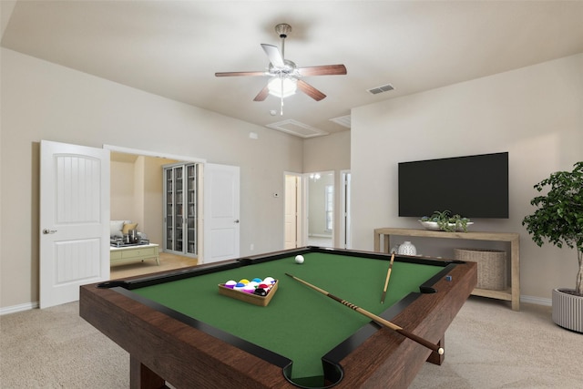 game room with ceiling fan, light colored carpet, and billiards