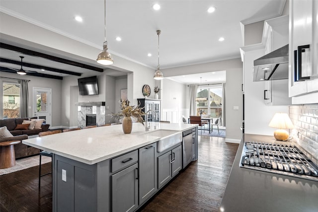 7400 E Fork Ln, Mckinney, TX 75071 - kitchen featuring a sink, a premium fireplace, gray cabinets, wall chimney exhaust hood, and stainless steel appliances
