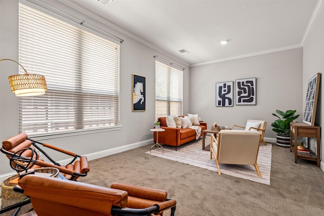 7400 E Fork Ln, Mckinney, TX 75071 - living room featuring crown molding, carpet floors, and baseboards