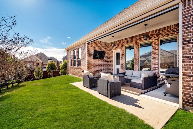 exterior space featuring outdoor lounge area, a patio, and fence