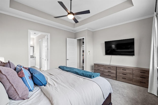 7400 E Fork Ln, Mckinney, TX 75071 - bedroom with a raised ceiling, carpet floors, ornamental molding, connected bathroom, and ceiling fan