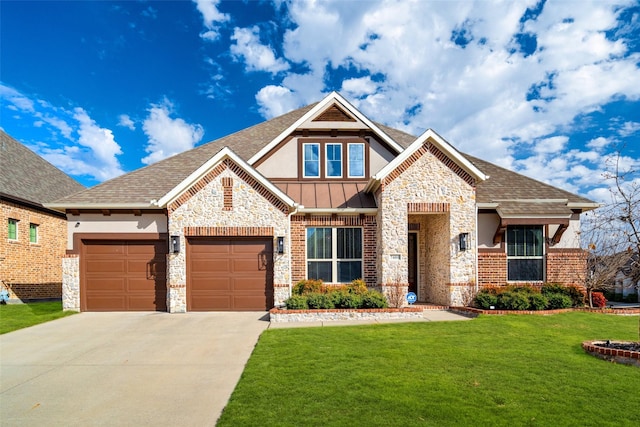 7400 E Fork Ln, Mckinney, TX 75071 - craftsman-style house with stone siding, driveway, a front lawn, and an attached garage