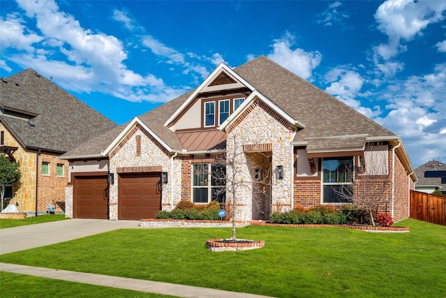 7400 E Fork Ln, Mckinney, TX 75071 - craftsman-style home featuring stone siding, a garage, driveway, a standing seam roof, and roof with shingles