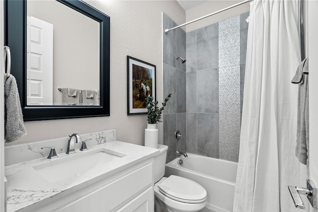 full bathroom with shower / bath combination with curtain, toilet, and vanity