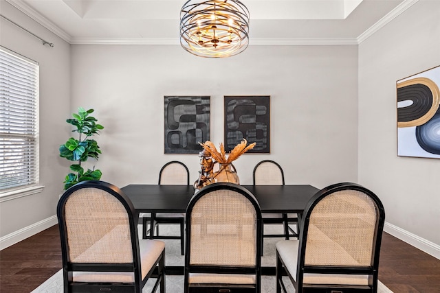 7400 E Fork Ln, Mckinney, TX 75071 - dining room with dark wood-style floors, a chandelier, baseboards, healthy amount of natural light, and crown molding
