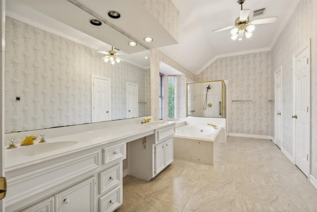 bathroom with ceiling fan, ornamental molding, plus walk in shower, and vanity