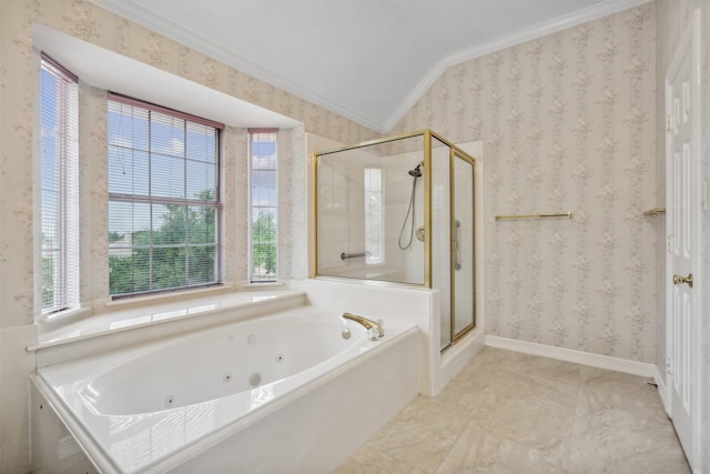 bathroom featuring crown molding, vaulted ceiling, and independent shower and bath