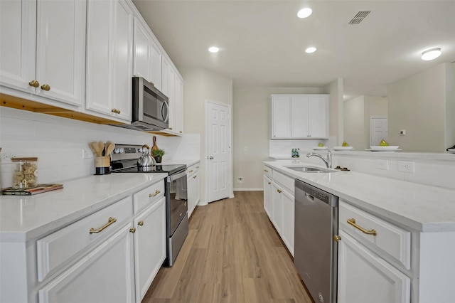 kitchen featuring sink, appliances with stainless steel finishes, white cabinetry, tasteful backsplash, and light wood-type flooring