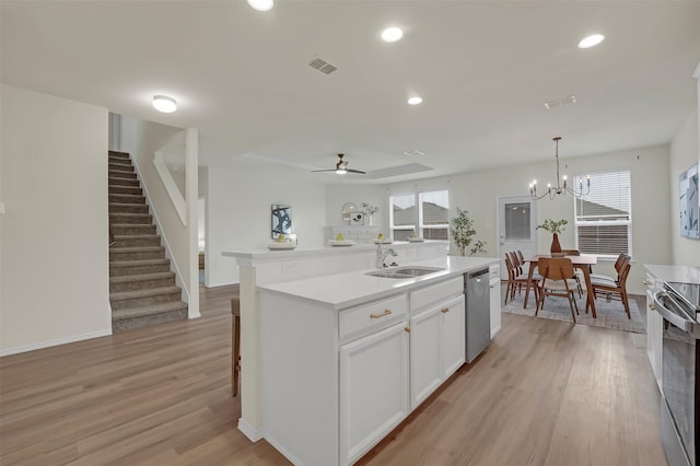 kitchen featuring pendant lighting, white cabinetry, sink, a kitchen island with sink, and stainless steel appliances