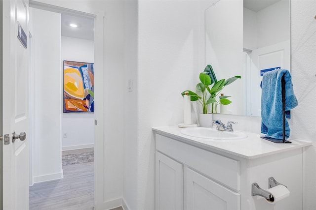 bathroom featuring hardwood / wood-style flooring and vanity