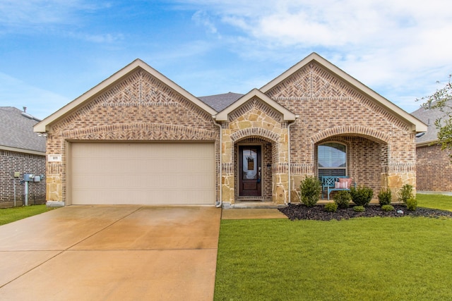 french country style house featuring a garage, a front lawn, brick siding, and driveway