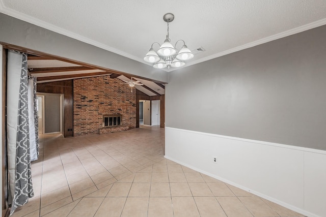 unfurnished living room with vaulted ceiling with beams, a textured ceiling, light tile patterned floors, a fireplace, and ceiling fan with notable chandelier