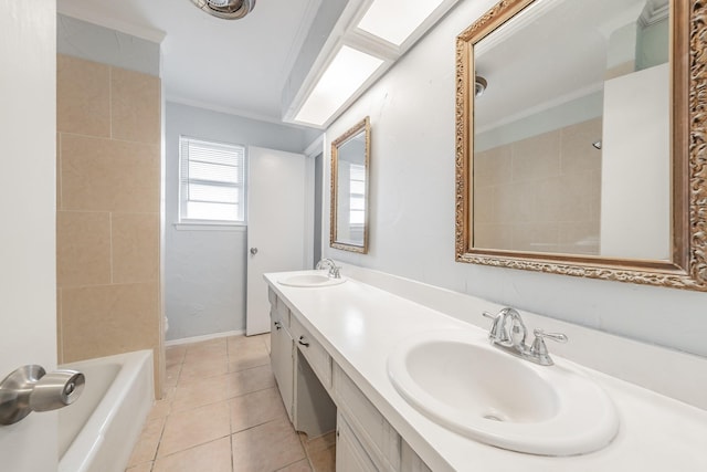 bathroom with vanity, ornamental molding, tile patterned floors, and shower / bathing tub combination