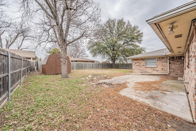 view of yard with a storage shed and a patio