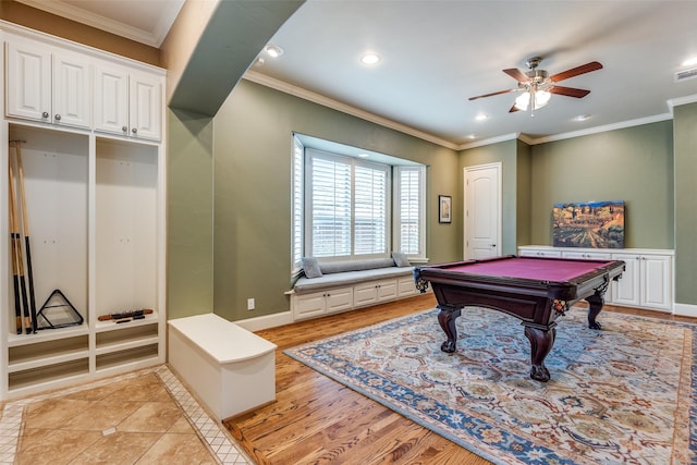 rec room with ornamental molding, pool table, ceiling fan, and light wood-type flooring