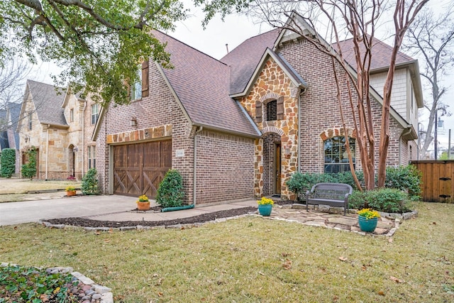 tudor home featuring a garage and a front yard