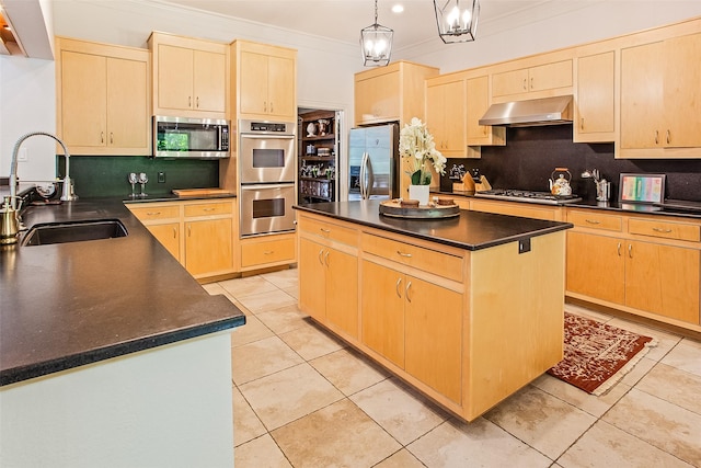 kitchen featuring appliances with stainless steel finishes, pendant lighting, sink, a center island, and exhaust hood