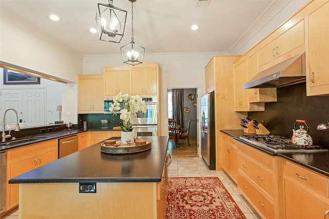 kitchen with appliances with stainless steel finishes, a center island, exhaust hood, and light brown cabinetry