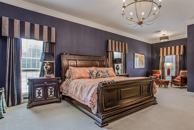 bedroom with an inviting chandelier, light colored carpet, and ornamental molding