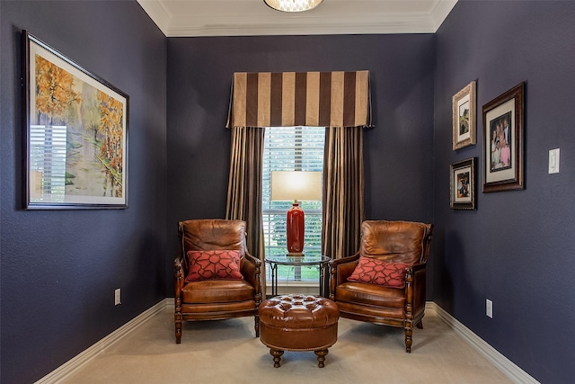 living area featuring ornamental molding and carpet floors