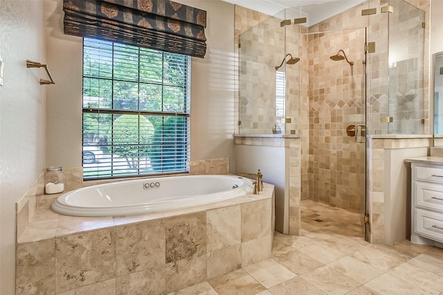 bathroom with plus walk in shower and vanity