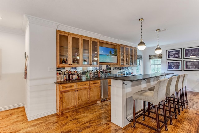 bar with pendant lighting, ornamental molding, and light hardwood / wood-style floors