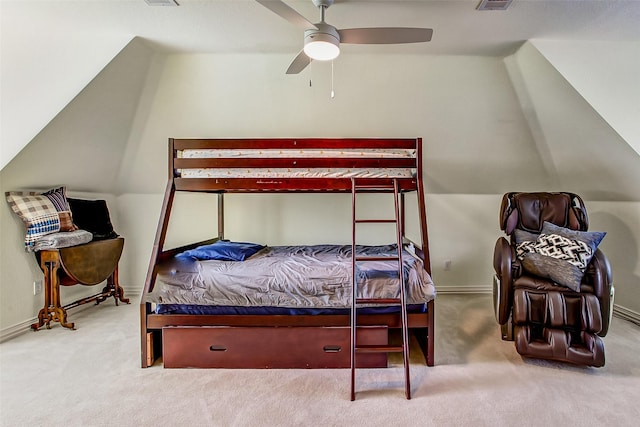 carpeted bedroom featuring ceiling fan and lofted ceiling